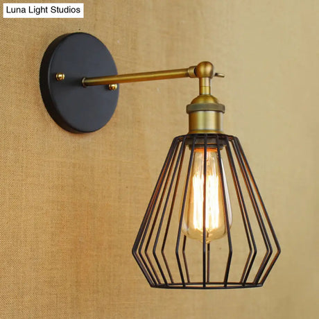 Industrial Black Metal Mini Wall Light Fixture For Bedroom - Cylinder/Teardrop Caged Mount Lighting