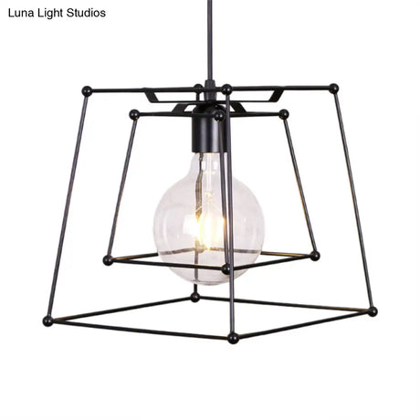 Industrial Black Metal Pendant Light With Trapezoid Cage Shade - Living Room Hanging Lamp