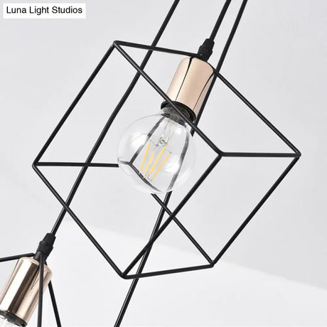 Industrial Black Metal Pendant Lighting: Square Suspension Light With 3 Lights For Foyer