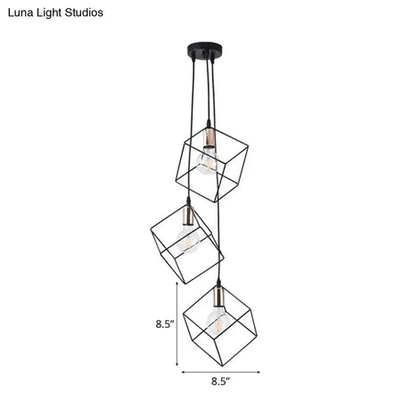 Industrial Black Metal Pendant Lighting: Square Suspension Light With 3 Lights For Foyer