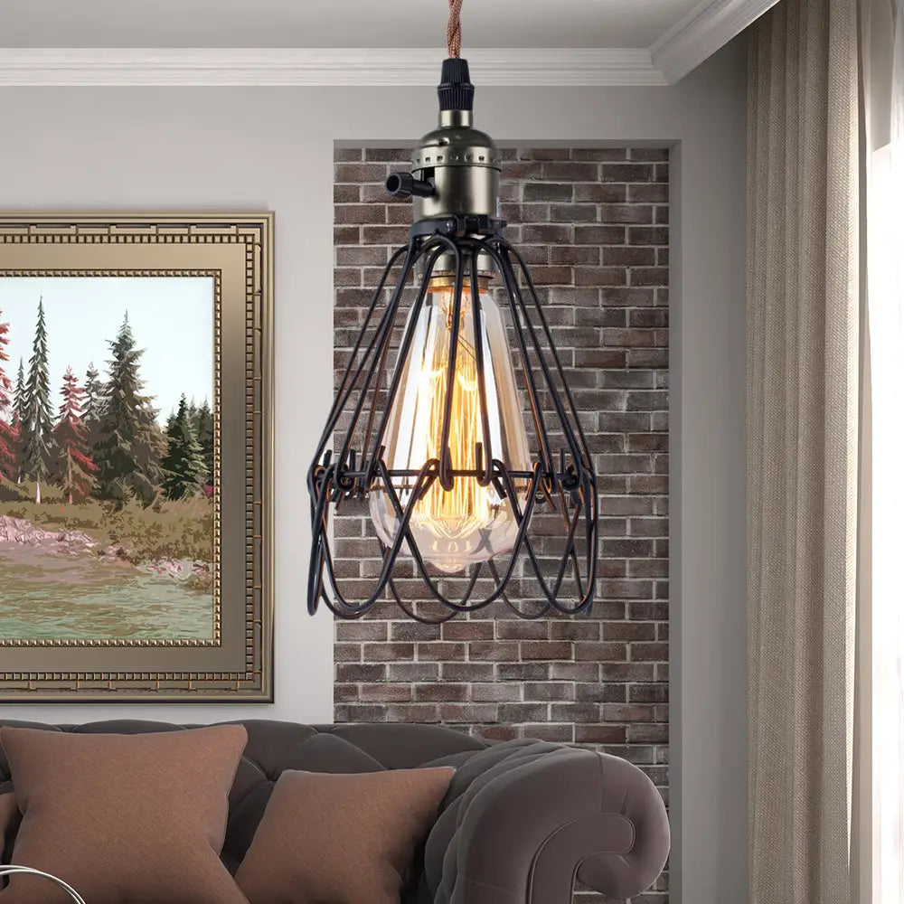 Industrial Black Metal Pendant Lighting With Open Cage Design - Rustic 1 Bulb Hanging Light For