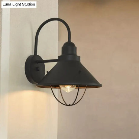 Industrial Black Metal Sconce With Cage And Cone Shade