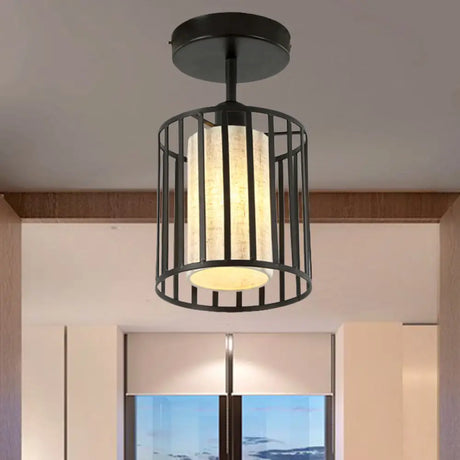 Industrial Black Metal Semi Flush Light With Fabric Shade - Perfect For Hallways And Corridors /