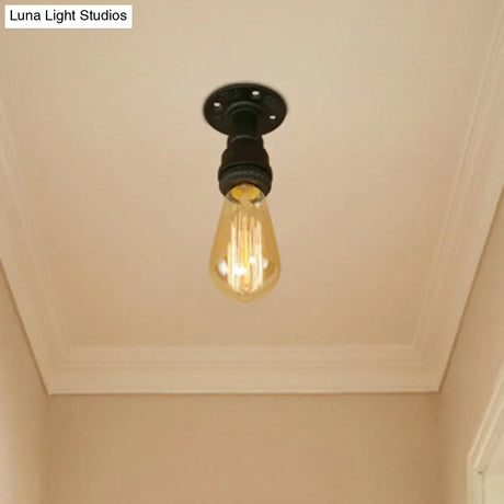 Industrial Black Metallic Mini Semi Flush Light With Bare Bulb For Corridor - 1 Piping