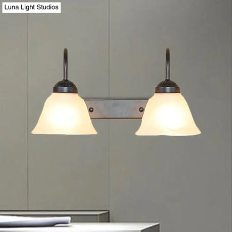 Industrial Black Opal Glass Wall Lamp For Bedroom - 2-Light Bell Shade Sconce Light Fixture