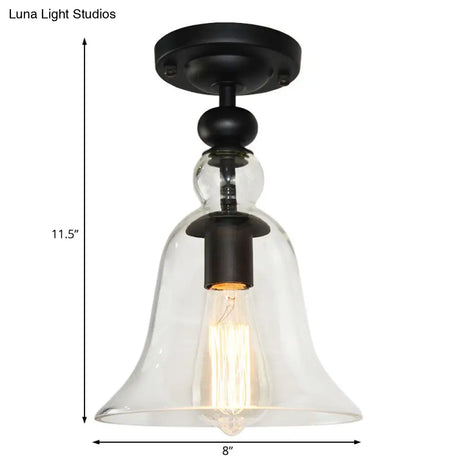 Industrial Black Semi Flush Mount Ceiling Light With Clear Glass Bell Shade For Living Room