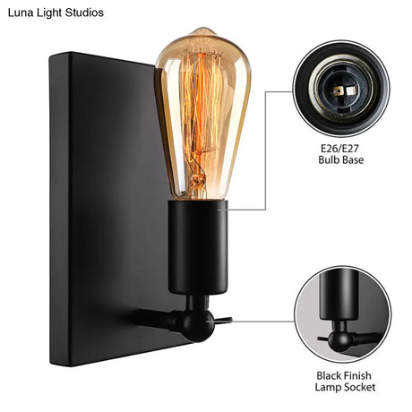 Industrial Black Wall Lamp With Exposed Bulb For Dining Room - Rectangular Backplate 1 Light