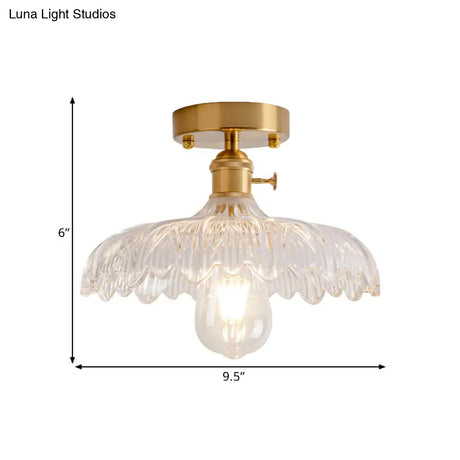 Industrial Brass Semi Flush Ceiling Light With Dome/Barn/Flower Shade - Amber/Clear Textured Glass