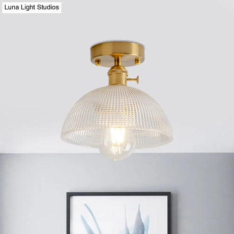 Industrial Brass Semi Flush Ceiling Light With Dome/Barn/Flower Shade - Amber/Clear Textured Glass