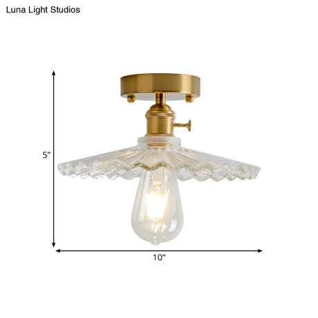 Industrial Brass Semi Flush Ceiling Light With Dome/Barn/Flower Shade - Amber/Clear Textured Glass