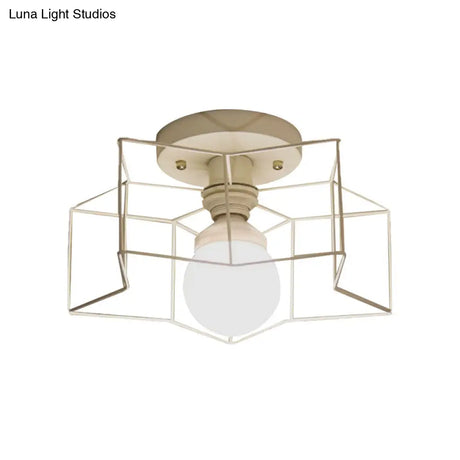 Industrial Cage Shade Ceiling Light For Bedroom - Black/White Metal Semi-Flush Mount