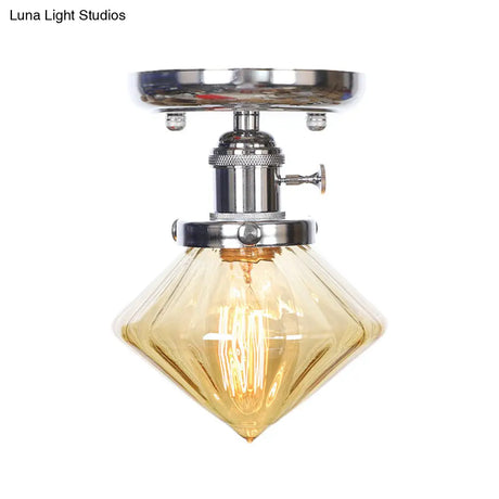 Industrial Chrome Ceiling Light - Semi Flush Mount With Clear/Amber Glass Bulb