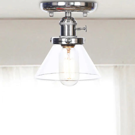 Industrial Chrome Ceiling Light - Semi Flush Mount With Clear/Amber Glass Bulb Clear / Cone