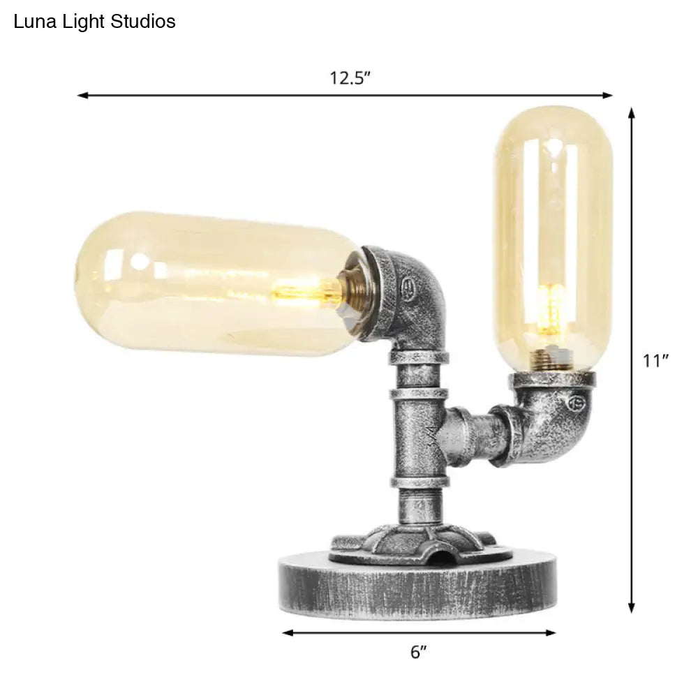 Industrial Clear/Amber Glass 2-Light Sconce Lamp With Base - Tube Shade Living Room Task Lighting In