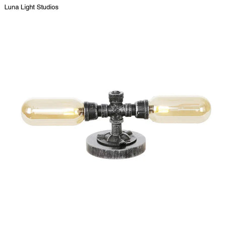 Industrial Clear/Amber Glass 2-Light Sconce Lamp With Base - Tube Shade Living Room Task Lighting In