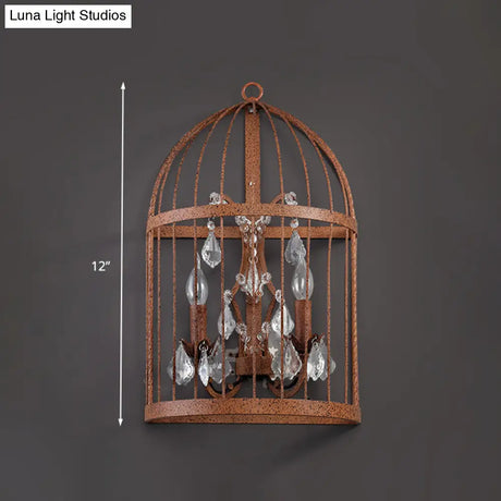 Industrial Clear Crystal Glass Wall Sconce - Rust Lighting Fixture With 2 Heads For Birdcage Living