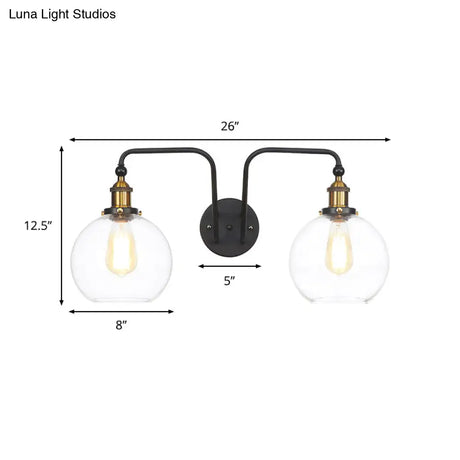 Industrial Clear Glass Globe/Bowl Wall Sconce Lamp Black Finish 2 Lights For Dining Room Lighting