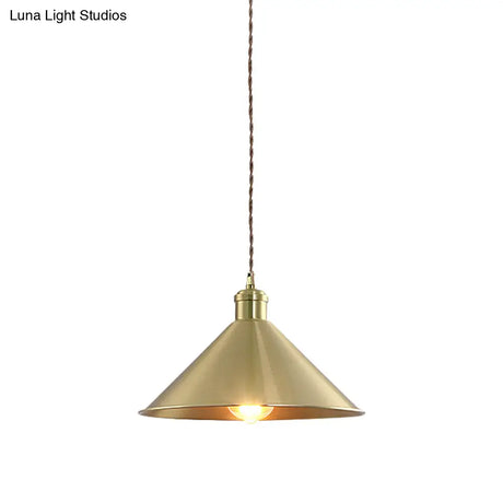 Industrial Cone Metal Hanging Light Fixture With Adjustable Brass Cord - 7’/9.5’ W Ideal For