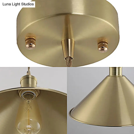 Industrial Cone Metal Hanging Light Fixture With Adjustable Brass Cord - 7’/9.5’ W Ideal For