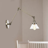 Industrial Conical Clear/Amber Glass Wall Lamp Sconce - Adjustable Arm Black/Bronze/Brass 1 Light 8