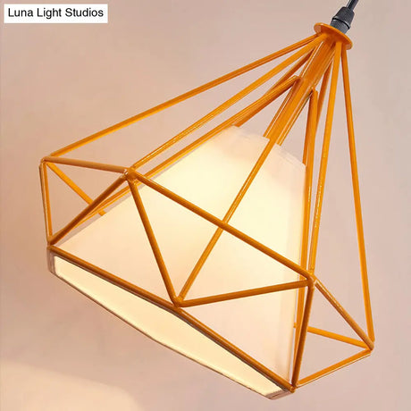 Industrial Diamond Wire Cage Pendant Light With Multi-Colored Shade - 5 Lights
