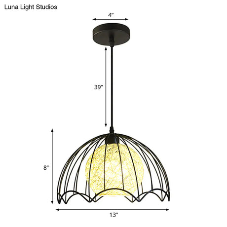 Industrial Dome Metal Hanging Lamp With Rattan Shade - 1 Light Black Ceiling Fixture For Dining Room