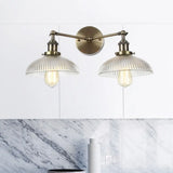 Industrial Domed Ribbed Glass Wall Light With Bronze/Brass/Copper Finish - 2-Light Sconce Lamp For