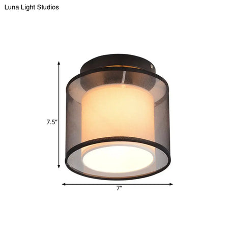 Industrial Dual-Layer Black Fabric Ceiling Light Fixture - Flush Mount Cylinder Design