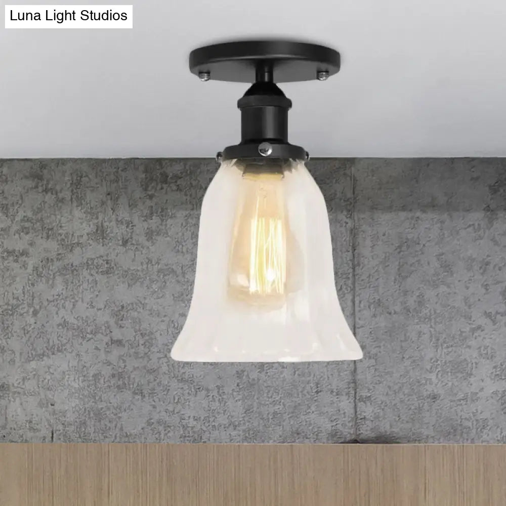 Industrial Flared Glass Semi Flush Mount Light With Clear Bulb In Black/Bronze/Copper