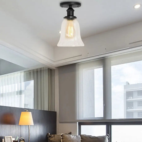 Industrial Flared Glass Semi Flush Mount Light With Clear Bulb In Black/Bronze/Copper Black