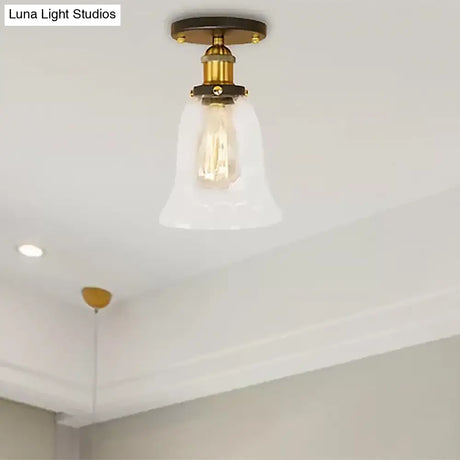 Industrial Flared Glass Semi Flush Mount Light With Clear Bulb In Black/Bronze/Copper