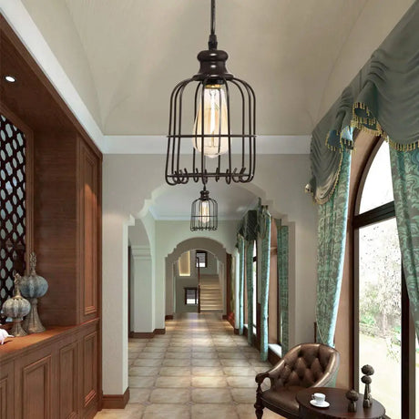 Industrial Glass Pendant Ceiling Light With Cage - Black Cylinder Design For Dining Room