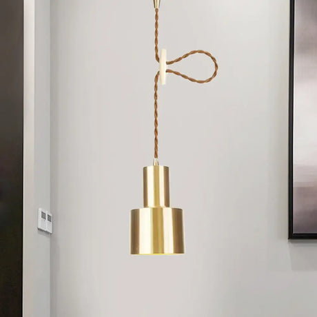 Industrial Gold Metallic Cylinder Pendant Light With Adjustable Ceiling Hang / A