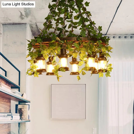 Industrial Green Lantern Wooden Chandelier - Led Restaurant Ceiling Light (3/6/8 Heads)