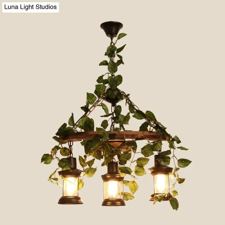 Industrial Green Lantern Wooden Chandelier - Led Restaurant Ceiling Light (3/6/8 Heads)