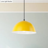 Industrial Grey/Yellow Hanging Lamp With Ribbed Dome Shade - 1 Light 12’/16’ Wide Metal Indoor