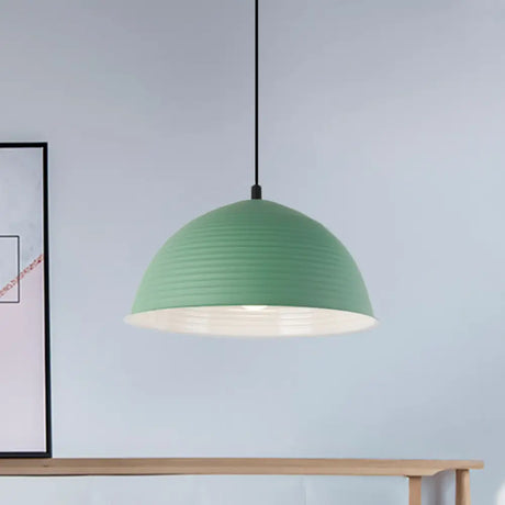 Industrial Grey/Yellow Hanging Lamp With Ribbed Dome Shade - 1 Light 12’/16’ Wide Metal Indoor