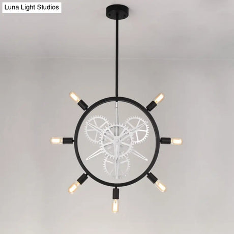 Industrial Hanging Chandelier With Exposed Bulb Design - 7/8 Bulbs Iron Frame Black/Silver Gear