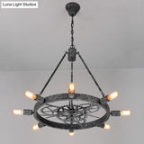 Industrial Hanging Chandelier With Exposed Bulb Design - 7/8 Bulbs Iron Frame Black/Silver Gear