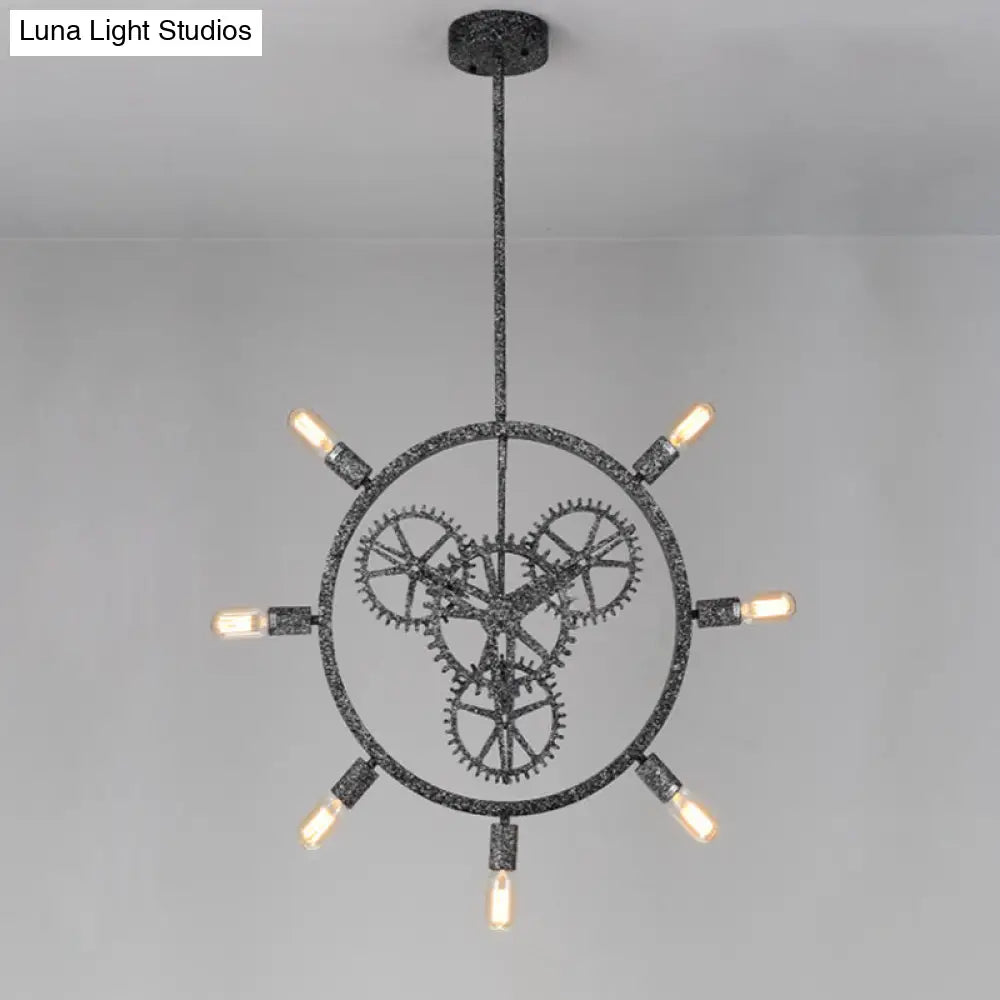 Industrial Hanging Chandelier With Exposed Bulb Design - 7/8 Bulbs Iron Frame Black/Silver Gear