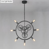 Industrial Hanging Chandelier With Exposed Bulb Design - 7/8 Bulbs Iron Frame Black/Silver Gear