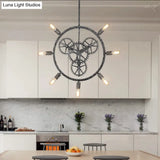 Industrial Hanging Chandelier With Exposed Bulb Design - 7/8 Bulbs Iron Frame Black/Silver Gear