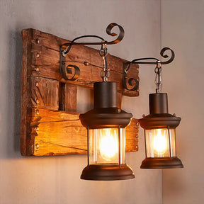 Industrial Lantern Wall Sconce - Clear Glass Black 2-Light Fixture With Wooden Backplate Wood