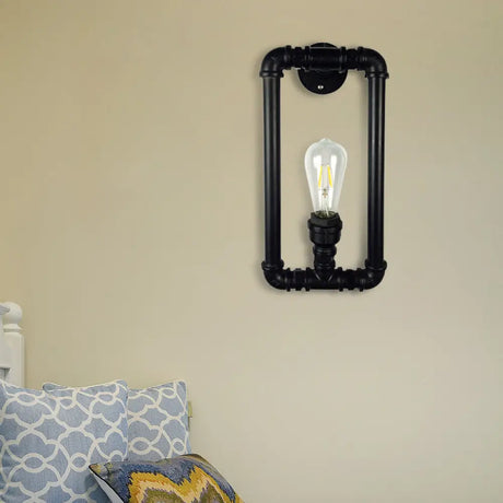 Industrial Metal 1-Light Bedroom Sconce Lamp In Matte Black Rectangle Design With Pipe Detailing