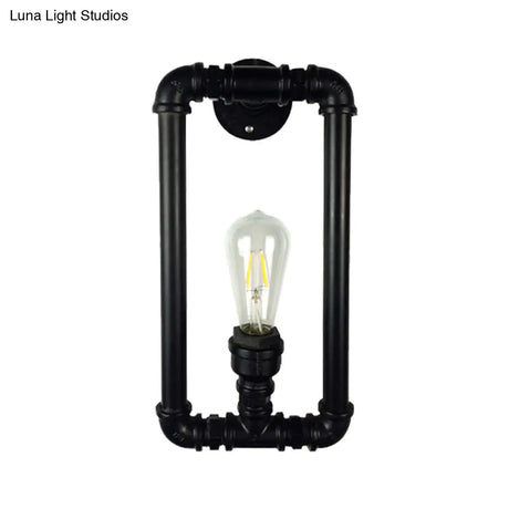 Industrial Metal 1-Light Bedroom Sconce Lamp In Matte Black Rectangle Design With Pipe Detailing