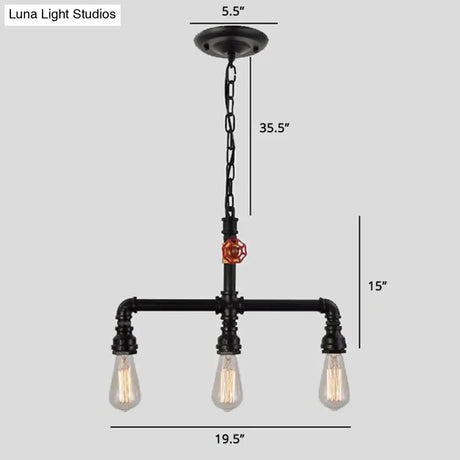 Industrial Metal 3-Head Hanging Light With Red Valve Decor - Water Pipe Restaurant Island Lamp