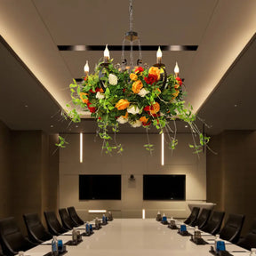 Industrial Metal Black Chandelier With Led Lights And Plant Decor - 6-Light Rose Design