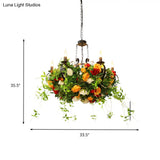 Industrial Metal Black Chandelier With Led Lights And Plant Decor - 6-Light Rose Design