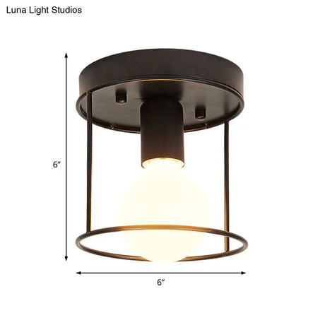 Industrial Metal Flushmount Light With Cage - Cylinder Corridor Design