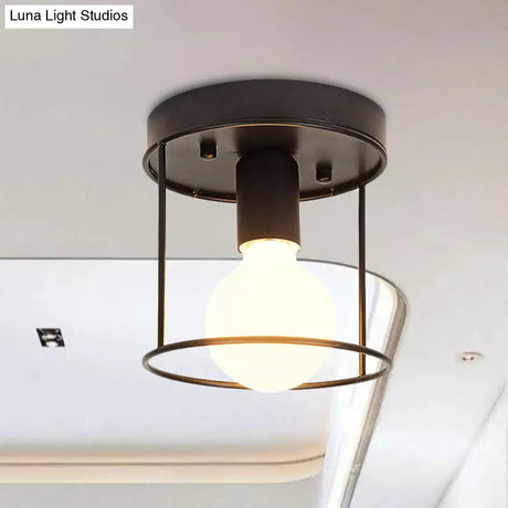 Industrial Metal Flushmount Light With Cage - Cylinder Corridor Design
